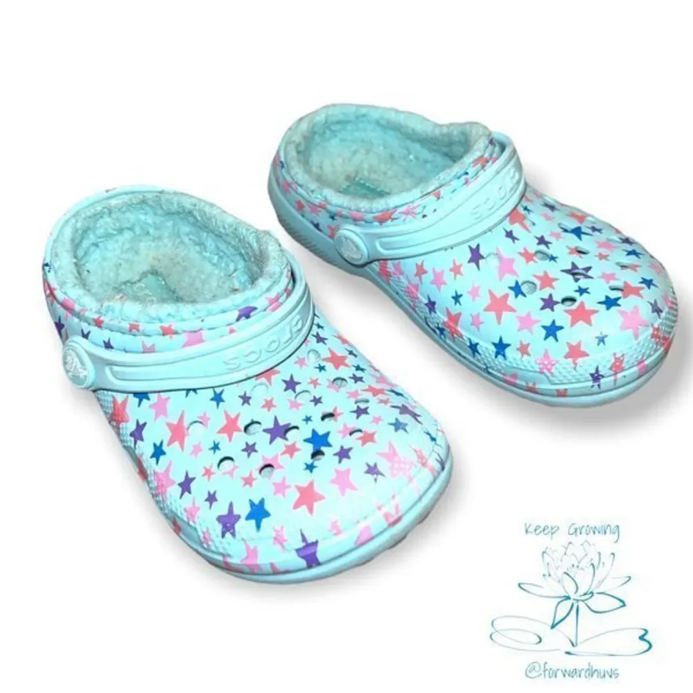 Crocs Teal Star Faux Fur Lined Clog Sandals Youth Size 9